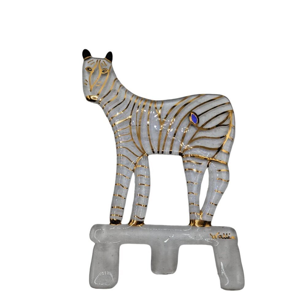 Sandy Wallin Studio Art Fused Glass Zebra Signed gold iridescent Sculpture